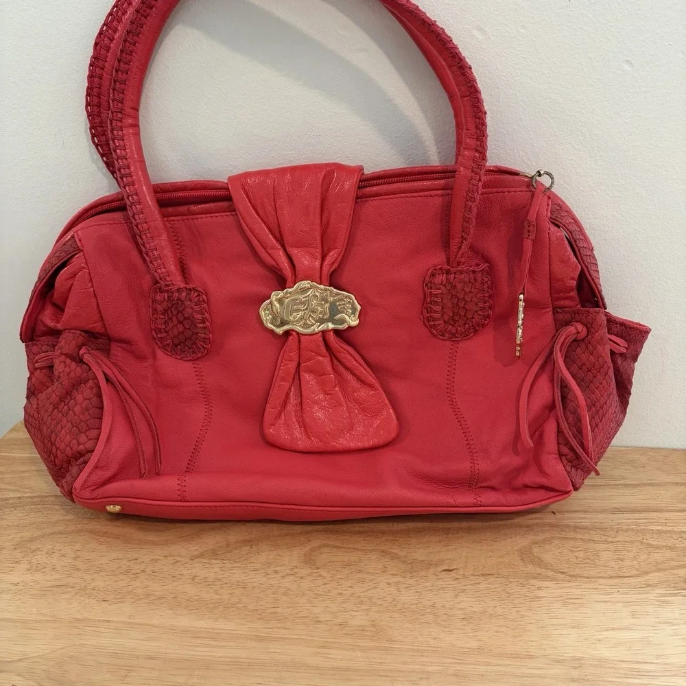 CHI Leather Bag‎ Falchi Red Lamb Skin & Snakeskin HOBO Shoulder Purse Handbag